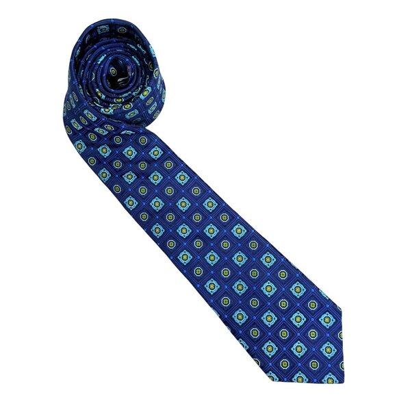 Ted Baker London Mens 100% Silk Jacquard Necktie Blue Turquoise Green Geometric - Picture 10 of 10